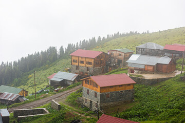 Gito Plateau view with foggy weather. This plateau located in Camlihemsin district of Rize province. Kackar Mountains region. Rize, Turkey.