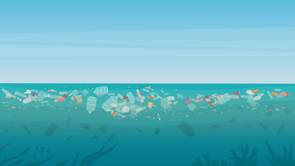 Fototapeta na wymiar Plastic bags, bottles and industry toxic waste floating in dirty ocean water background. Environment, danger concept. Polluted with trash and garbage underwater of ocean or sea vector illustration.