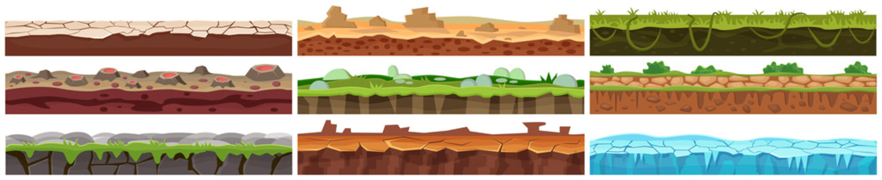 Ground level set vector illustration. Cartoon surface landscape diagram with different layers of soil and rocks, volcano, ice and green grass vegetation isolated on white. Game UI, nature concept