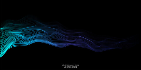 Abstract vector wave line flowing green and blue color isolated on black background for design elements in concept technology, music, science, A.I.