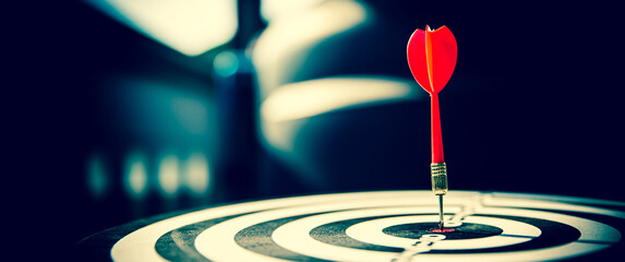 Bullseye or Bulls eye target or dartboard has dart arrow throw hitting the center of a shooting for...