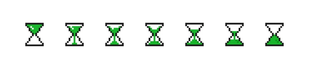 Game time scale concept. Set of pixelated green hourglasses with different fill levels. Classic design element for virtual video games. Cartoon simple vector collection isolated on white background