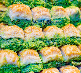 Town made of pistachio baklava texture close up