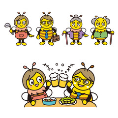 Cute bee family illustration set - Vector	