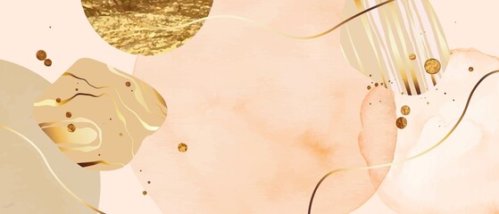 Elegant watercolor, ink vector background with white, beige, pink,yellow . Golden splatters, lines. Design for cover, invitation template, wedding card, menu design.  