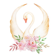 Watercolor delicate white swan with a bouquet