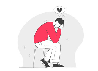 Man with broken heart. Concept of unhappy relationships or unrequited love. Depression and disappointment, love causing pain. Outline illustration