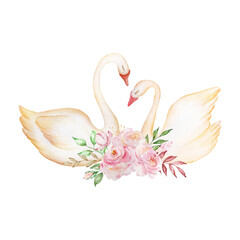 Two watercolor tender white swans with a bouquet