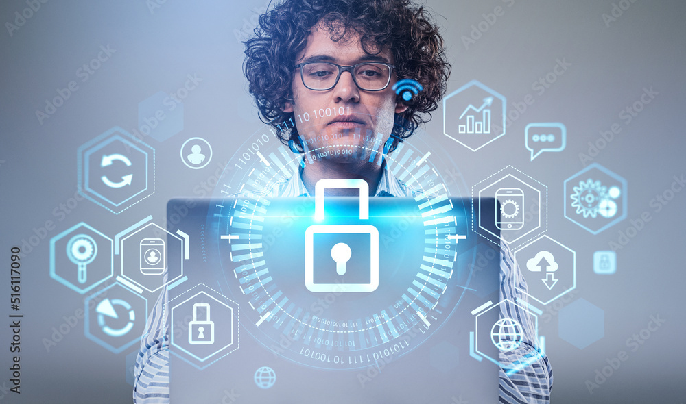 Poster businessman with laptop, data protection lock with different icons and binary