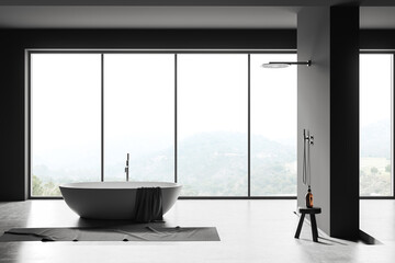 Grey bathroom interior with tub, douche and panoramic window