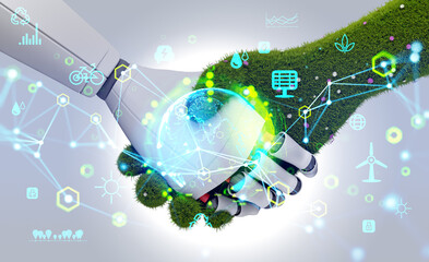 Technology and nature handshake, earth hologram and eco energy hud