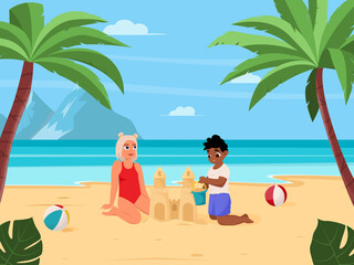 Summer vacation concept background. Beautiful summer beach landscape with sea, palm trees, sand castle. Children are building a sand castle. Flat vector illustration for poster, banner, flyer.