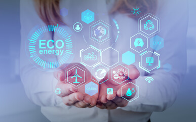 Businesswoman hands with eco energy digital hud interface, resources icons