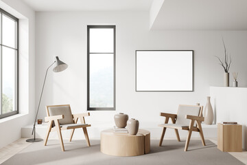 Front view on bright living room interior with empty poster