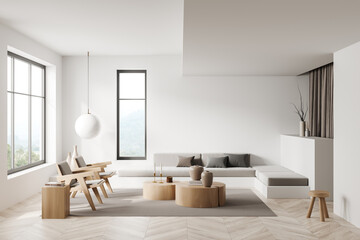 Living room interior with couch and chairs near panoramic window, decoration