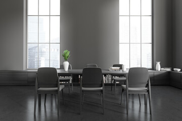 Grey living room interior with table and shelf, panoramic window and mockup