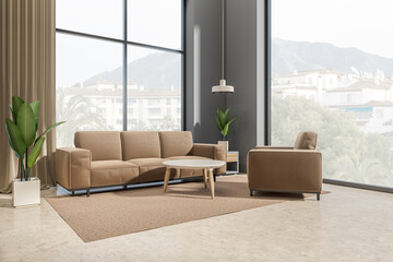 Fototapeta premium Lounge zone interior with sofa and armchair, coffee table and panoramic window