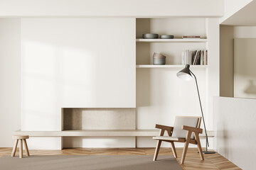 Light relax interior with chair, shelf and fireplace, mockup