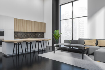 Kitchen interior with couch and countertop, relax area and panoramic window