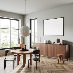 Living room interior with seats and round table, drawer and window. Mockup frame