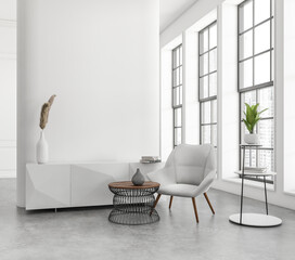 Light living room interior with armchair and drawer, window and mockup empty wall