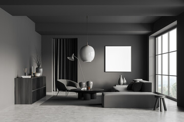 Grey relax interior with chair and couch, stand and panoramic window. Mockup frame