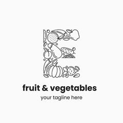 Letter E made of fruit and vegetables. Organic food logo concept. Stock vector illustration.
