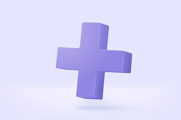 3d purple plus sign icon on the white background. Cartoon icon of first aid and health care with minimal style. Medical symbol of emergency help. 3d aid vector render illustration - obrazy, fototapety, plakaty