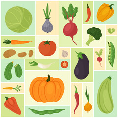 Vegetable set, healthy organic vegetarian food vector illustration. Cartoon fresh tomato onion carrot cucumber pepper broccoli eggplant pumpkin garlic potato radish in geometric collage background