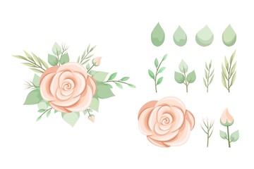 Set of rose flower bouquet and leaves with pale pink color. Leaf and flower greenery collection for wedding or engagement invitation and greeting card design