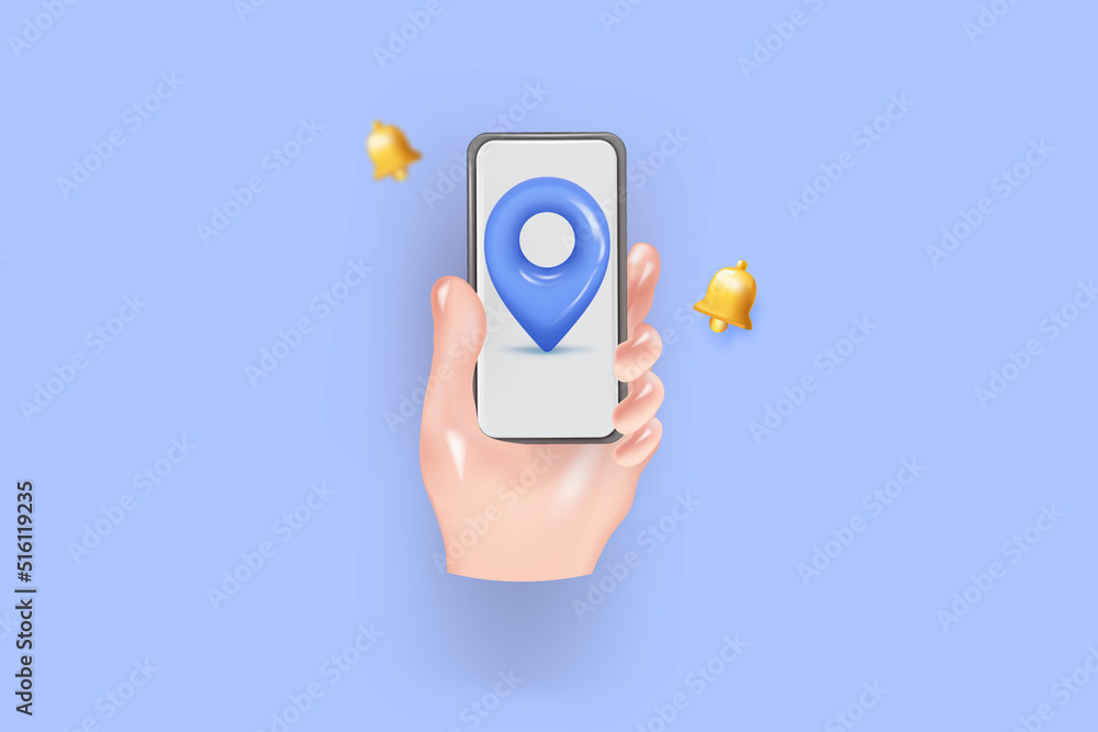 Poster locator mark of map and location pin or navigation icon sign on mobile on blue background with searc