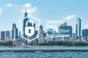 City view of Downtown skyscrapers of Chicago skyline panorama over Lake Michigan, harbor area, day time, Illinois, USA. GDPR hologram, concept of data protection regulation and privacy for individuals