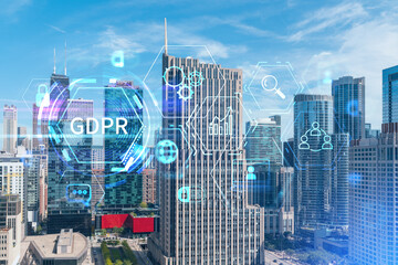 Aerial panoramic city view of Chicago downtown area, day time, Illinois, USA. Birds eye view, skyscrapers, skyline. GDPR hologram, concept of data protection regulation and privacy for individuals