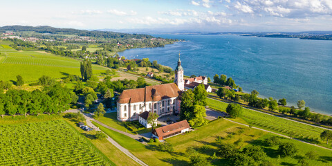 Cistercians monastery Birnau at Lake Constance panorama aerial view baroque pilgrimage church in...