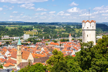 View of Ravensburg city from above with Mehlsack Turm tower and old town in Germany - obrazy, fototapety, plakaty