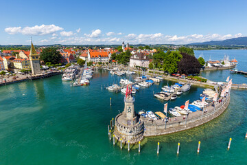 Lindau with marina town at lake Constance Bodensee yachts travel traveling from above in Germany