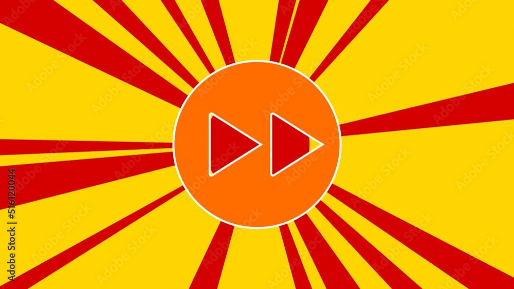 Poster fast forward symbol on the background of animation from moving rays of the sun. large orange symbol 