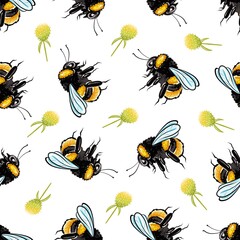Seamless pattern of bees and yellow flowers