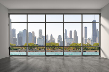 Obraz na płótnie Canvas Downtown Chicago City Skyline Buildings from Window. Beautiful Expensive Real Estate. Epmty office room Interior Skyscrapers, View Lake Michigan waterfront, harbor. Cityscape. Day time. 3d rendering.