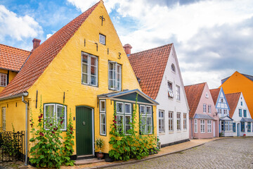 Fototapeta na wymiar Aabenraa, Denmark; July 6, 2022 - Old traditional Danish houses, Aabenraa, Denmark