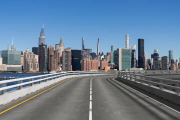 Naklejka na ściany i meble Empty urban asphalt road exterior with city buildings background. New modern highway concrete construction. Concept of way to success. Transportation logistic industry fast delivery. New York. USA.