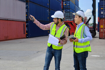 Two professional Asian male workers in safety uniforms and hard hats work at a logistics terminal with many stacks of containers, loading control shipping goods for the cargo transportation industry.