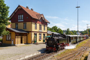 Öchsle steam train locomotive at railway station Ochsenhausen in Germany