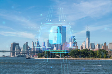 Brooklyn and Manhattan bridges with New York City financial downtown skyline panorama at day time over East River. The concept of cyber security to protect confidential information, padlock hologram