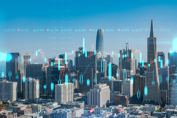 San Francisco skyline from Coit Tower to Financial District, residential neighborhoods, California, US. Forex candlestick graph, charts hologram. The concept of internet trading, brokerage, analysis