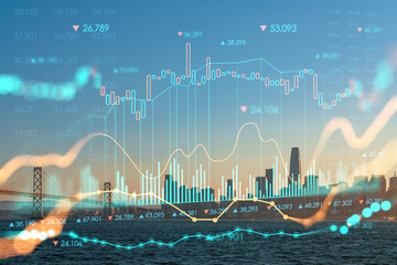 City view, Bay Bridge and San Francisco Skyline Panorama from Treasure Island, sunset, California, US. Forex candlestick graph, charts hologram. The concept of internet trading, brokerage, analysis