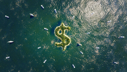 Concept of Foreign Banks or Offshore Accounts. Monetary policy. Global trade. Island with dollar symbol shape. Tax Heaven Concept. Move Money Abroad. Professional 3d rendering