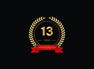 13th anniversary celebration with gold glitter color and white background. Vector design for celebrations, invitation cards and greeting cards. eps 10.