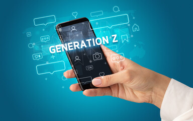 Hand using smartphone with social media concept