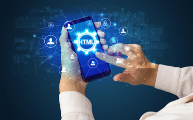 Hand using smartphone with technology concept